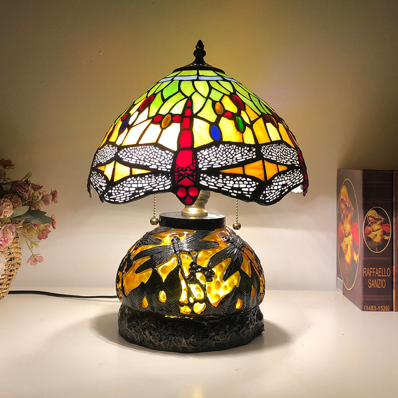 Traditionelle Tiffany Glas & Harz Libelle 3-Licht Tischlampe für Wohnzimmer und Schlafzimmer 