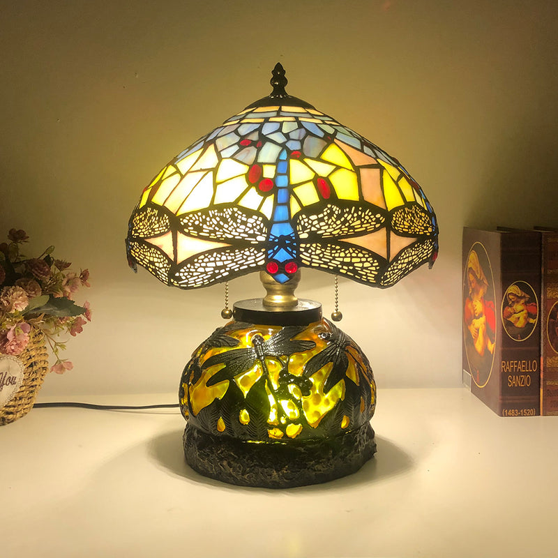 Traditionelle Tiffany Glas & Harz Libelle 3-Licht Tischlampe für Wohnzimmer und Schlafzimmer 