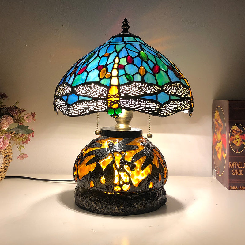 Traditionelle Tiffany Glas & Harz Libelle 3-Licht Tischlampe für Wohnzimmer und Schlafzimmer 