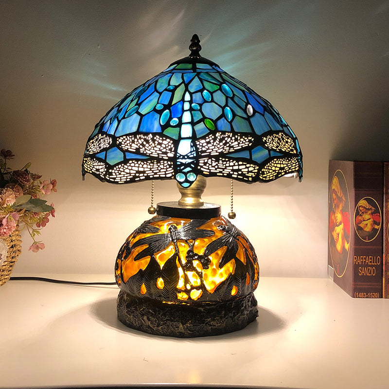 Traditionelle Tiffany Glas & Harz Libelle 3-Licht Tischlampe für Wohnzimmer und Schlafzimmer 