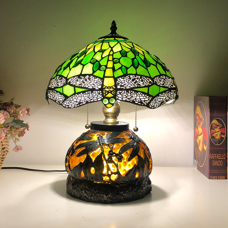 Traditionelle Tiffany Glas & Harz Libelle 3-Licht Tischlampe für Wohnzimmer und Schlafzimmer 