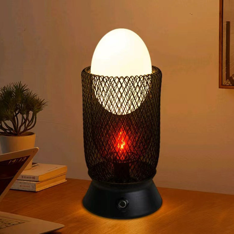 Contemporary Retro Iron And Glass Egg Cage Flame 1-Light LED Rechargeable Table Lamp Night Light For Bedroom And Dining Room