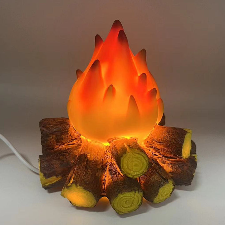 Lámpara de mesa LED de batería de arte moderno Deco con resina simulada de leña y llama, luz nocturna para dormitorio 