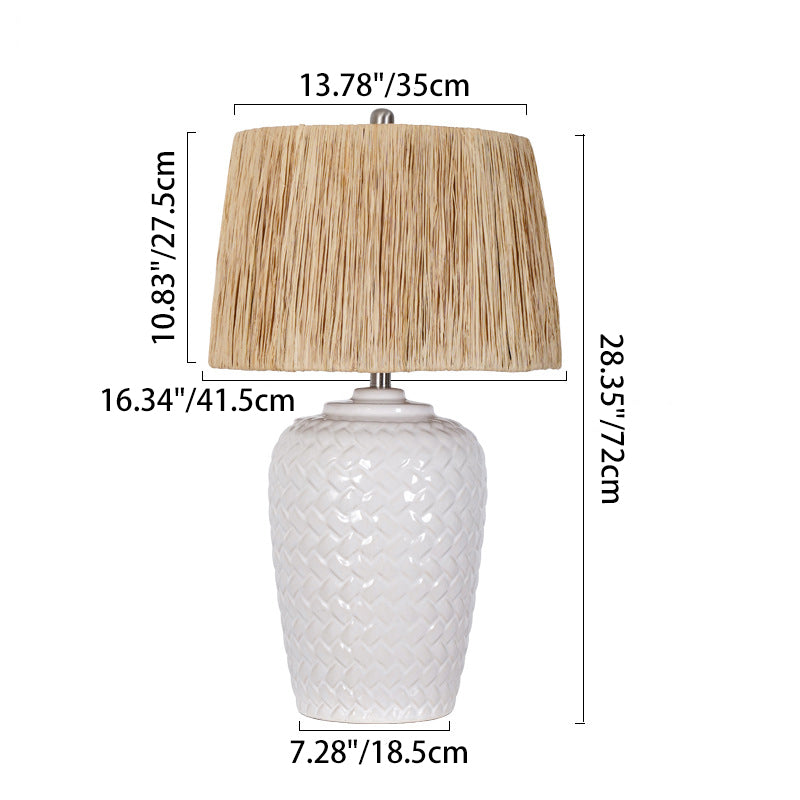 Traditionelle rustikale Keramik- und Raffia-Gittermuster-Glasförmige 1-Licht-Tischlampe für Schlafzimmer und Wohnzimmer 