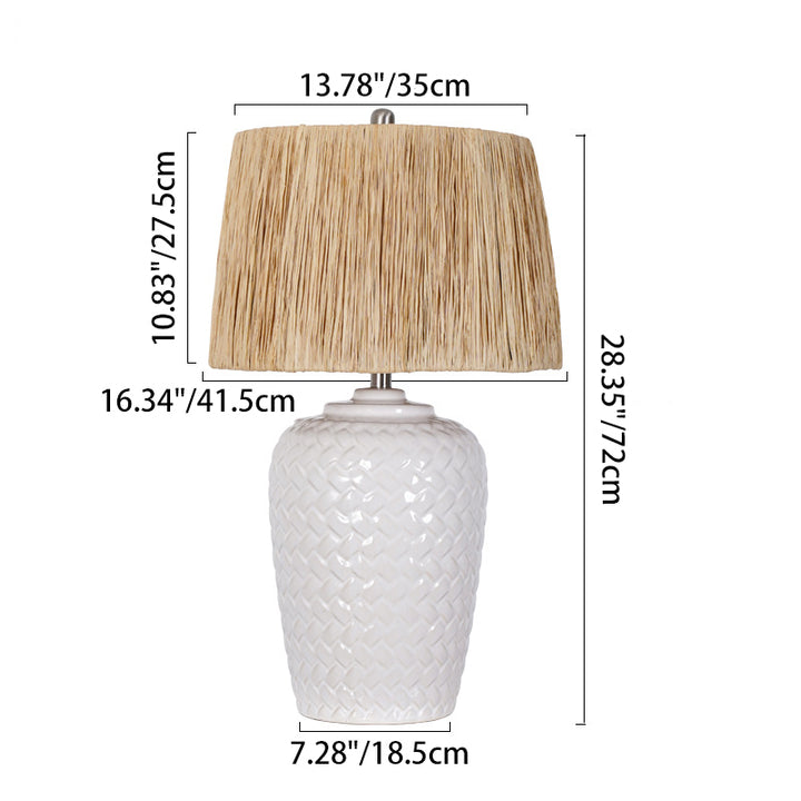 Traditionelle rustikale Keramik- und Raffia-Gittermuster-Glasförmige 1-Licht-Tischlampe für Schlafzimmer und Wohnzimmer 