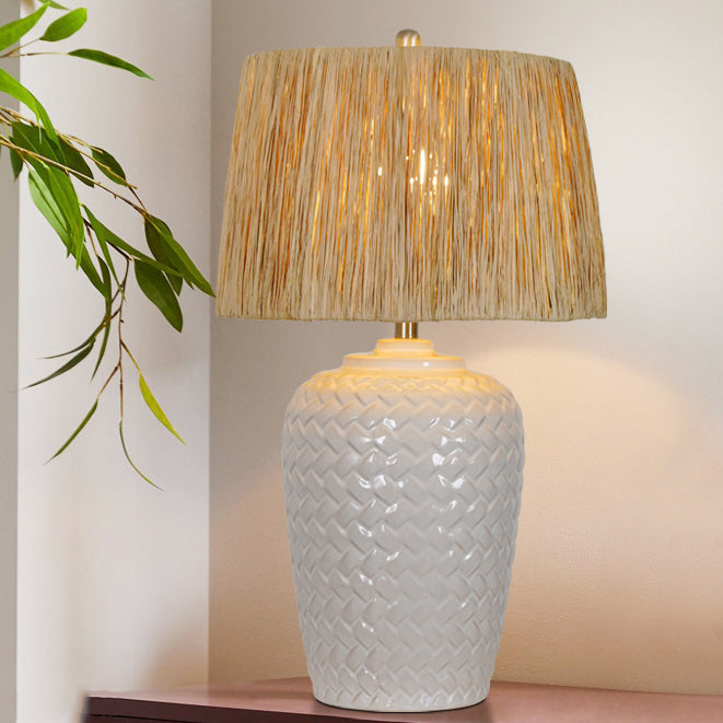 Traditionelle rustikale Keramik- und Raffia-Gittermuster-Glasförmige 1-Licht-Tischlampe für Schlafzimmer und Wohnzimmer 