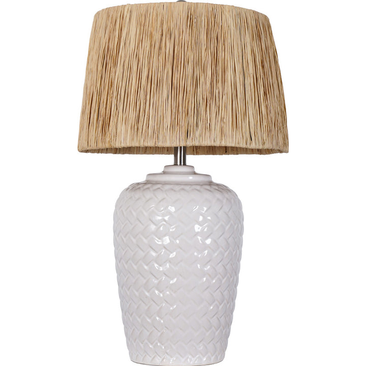 Traditionelle rustikale Keramik- und Raffia-Gittermuster-Glasförmige 1-Licht-Tischlampe für Schlafzimmer und Wohnzimmer 