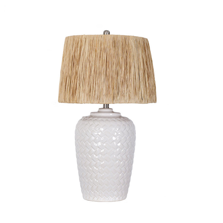 Traditionelle rustikale Keramik- und Raffia-Gittermuster-Glasförmige 1-Licht-Tischlampe für Schlafzimmer und Wohnzimmer 