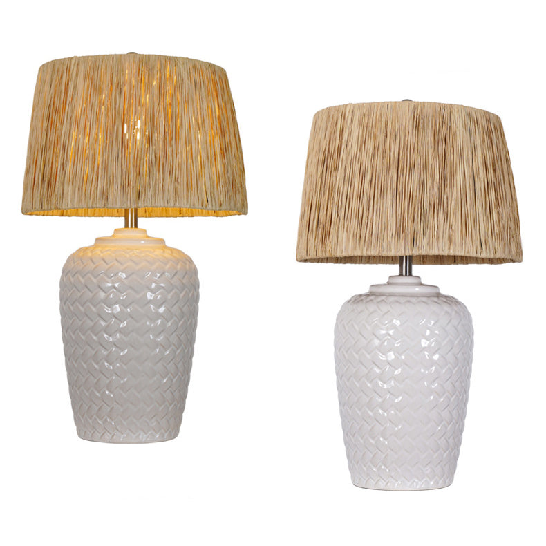 Traditionelle rustikale Keramik- und Raffia-Gittermuster-Glasförmige 1-Licht-Tischlampe für Schlafzimmer und Wohnzimmer 