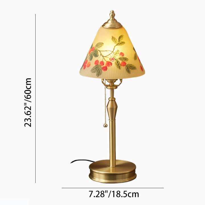 Traditional Chinese Brass &amp; Glass Painted Cherry Cone 1-Light Table Lamp For Bedroom