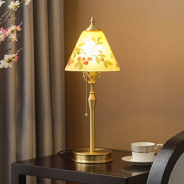 Traditional Chinese Brass &amp; Glass Painted Cherry Cone 1-Light Table Lamp For Bedroom