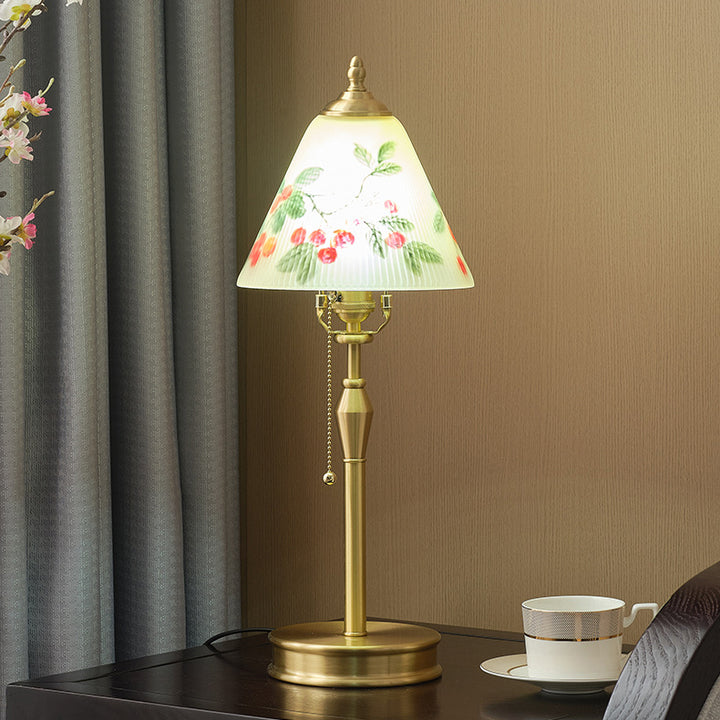 Traditional Chinese Brass &amp; Glass Painted Cherry Cone 1-Light Table Lamp For Bedroom