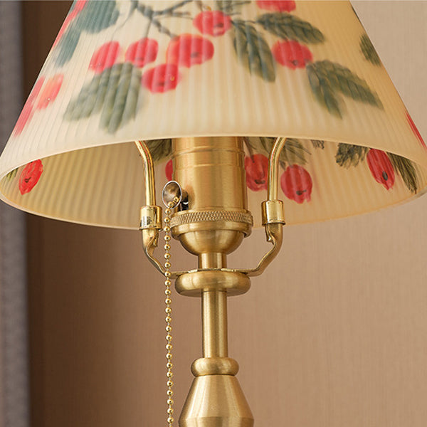 Traditional Chinese Brass &amp; Glass Painted Cherry Cone 1-Light Table Lamp For Bedroom