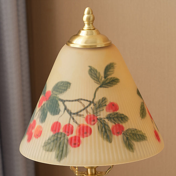 Traditional Chinese Brass &amp; Glass Painted Cherry Cone 1-Light Table Lamp For Bedroom