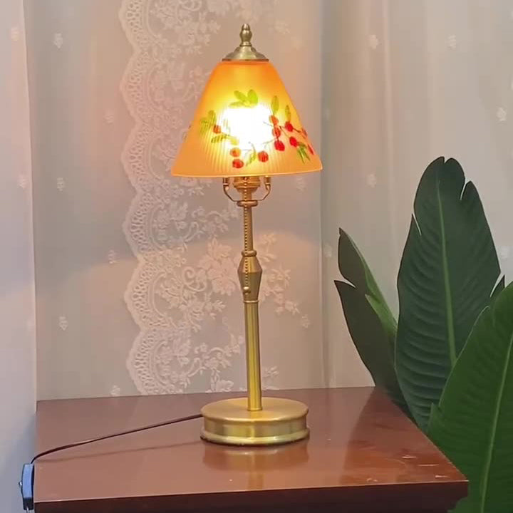 Traditional Chinese Brass &amp; Glass Painted Cherry Cone 1-Light Table Lamp For Bedroom