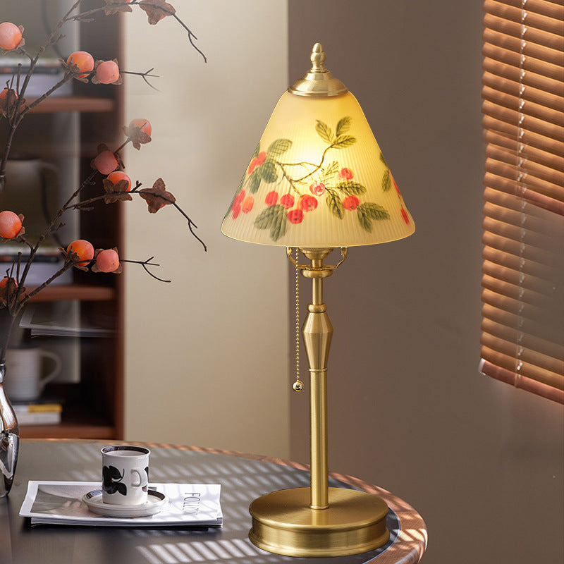 Traditional Chinese Brass &amp; Glass Painted Cherry Cone 1-Light Table Lamp For Bedroom