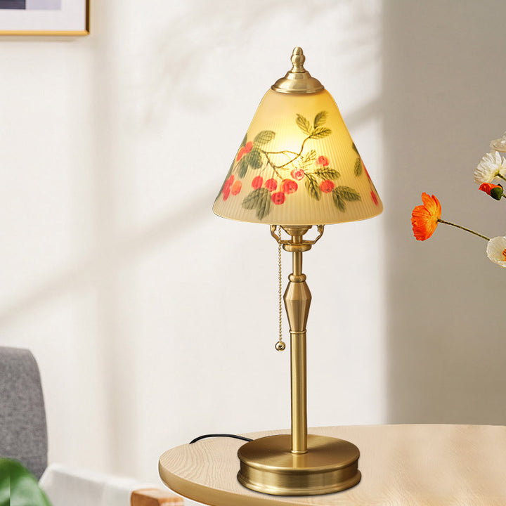 Traditional Chinese Brass &amp; Glass Painted Cherry Cone 1-Light Table Lamp For Bedroom
