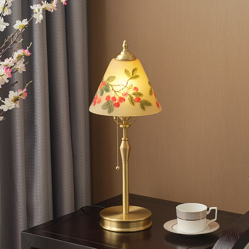 Traditional Chinese Brass &amp; Glass Painted Cherry Cone 1-Light Table Lamp For Bedroom