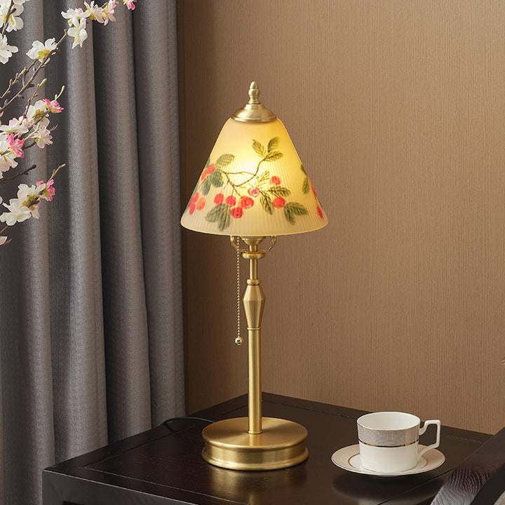 Traditional Chinese Brass &amp; Glass Painted Cherry Cone 1-Light Table Lamp For Bedroom