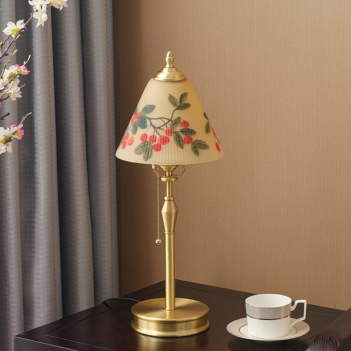 Traditional Chinese Brass &amp; Glass Painted Cherry Cone 1-Light Table Lamp For Bedroom
