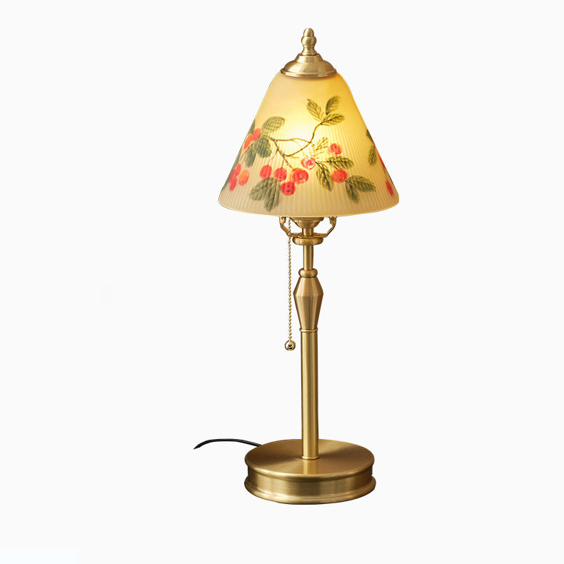 Traditional Chinese Brass &amp; Glass Painted Cherry Cone 1-Light Table Lamp For Bedroom