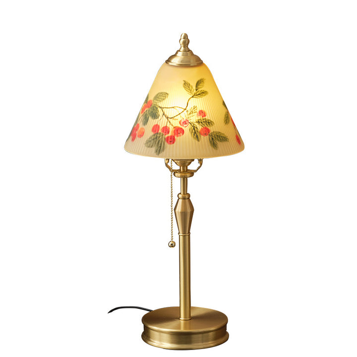 Traditional Chinese Brass &amp; Glass Painted Cherry Cone 1-Light Table Lamp For Bedroom