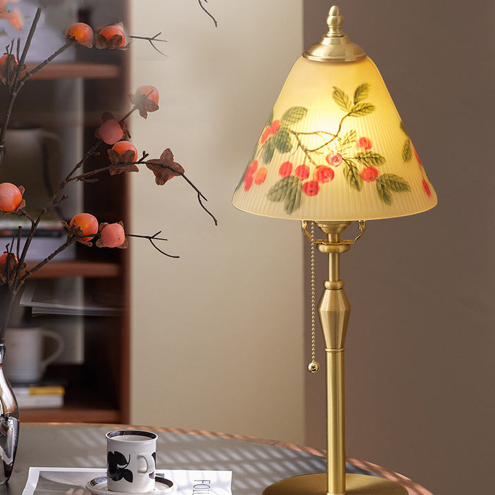 Traditional Chinese Brass &amp; Glass Painted Cherry Cone 1-Light Table Lamp For Bedroom