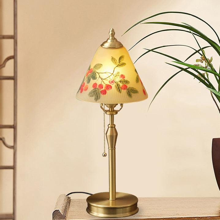 Traditional Chinese Brass &amp; Glass Painted Cherry Cone 1-Light Table Lamp For Bedroom