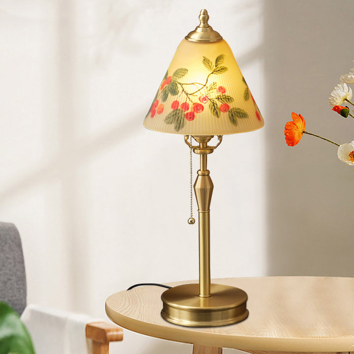 Traditional Chinese Brass &amp; Glass Painted Cherry Cone 1-Light Table Lamp For Bedroom