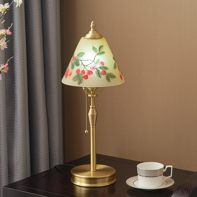 Traditional Chinese Brass &amp; Glass Painted Cherry Cone 1-Light Table Lamp For Bedroom