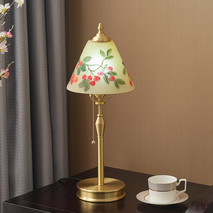 Traditional Chinese Brass &amp; Glass Painted Cherry Cone 1-Light Table Lamp For Bedroom