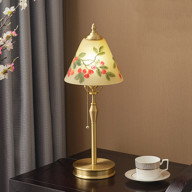 Traditional Chinese Brass &amp; Glass Painted Cherry Cone 1-Light Table Lamp For Bedroom
