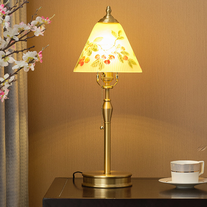 Traditional Chinese Brass &amp; Glass Painted Cherry Cone 1-Light Table Lamp For Bedroom