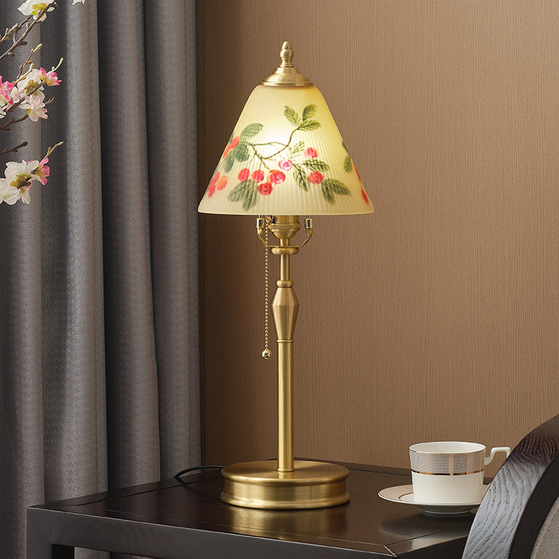 Traditional Chinese Brass &amp; Glass Painted Cherry Cone 1-Light Table Lamp For Bedroom