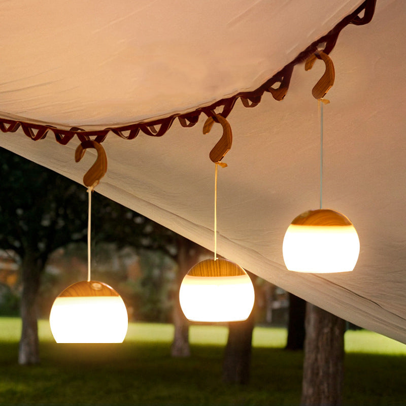 Contemporary Nordic Rechargeable Waterproof ABS &amp; TPR Woodgrain Semi-Circular Lantern-Style LED Camping Outdoor Light For Outdoor Patio