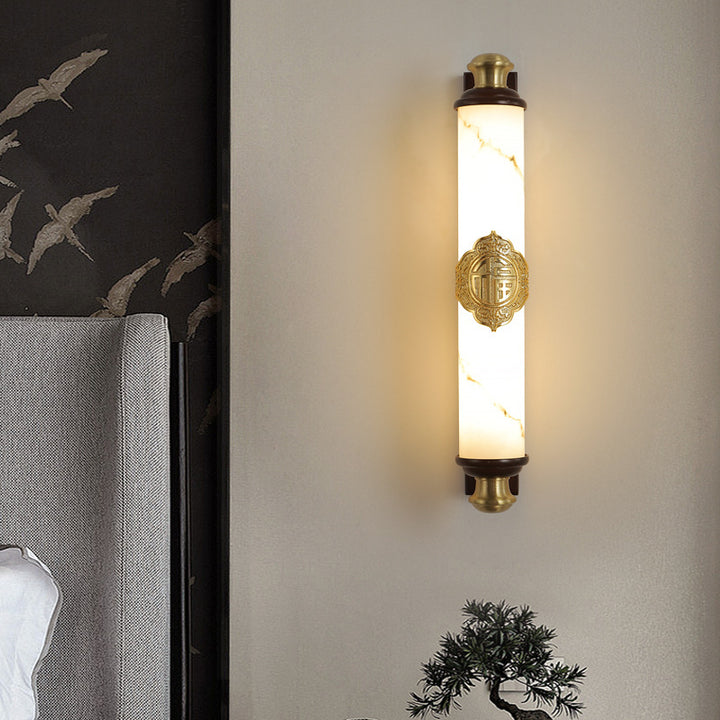 Applique murale LED en laiton chinois traditionnel, bois Wujin et imitation marbre en forme de barre pour chambre et salon 