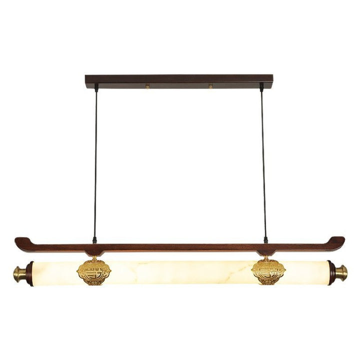 Traditional Chinese Brass Wujin Wood &amp; Imitation Marble Bar-Shaped LED Chandelier Island Light For Dining Room