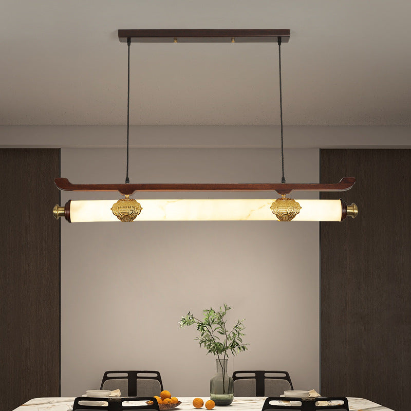 Traditional Chinese Brass Wujin Wood &amp; Imitation Marble Bar-Shaped LED Chandelier Island Light For Dining Room