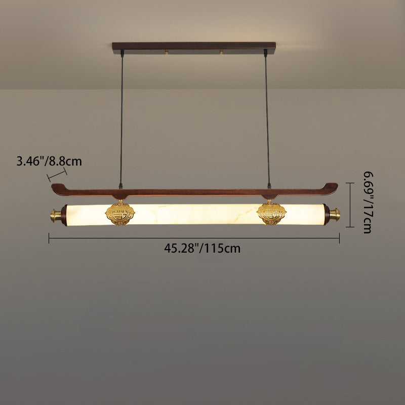Traditional Chinese Brass Wujin Wood &amp; Imitation Marble Bar-Shaped LED Chandelier Island Light For Dining Room
