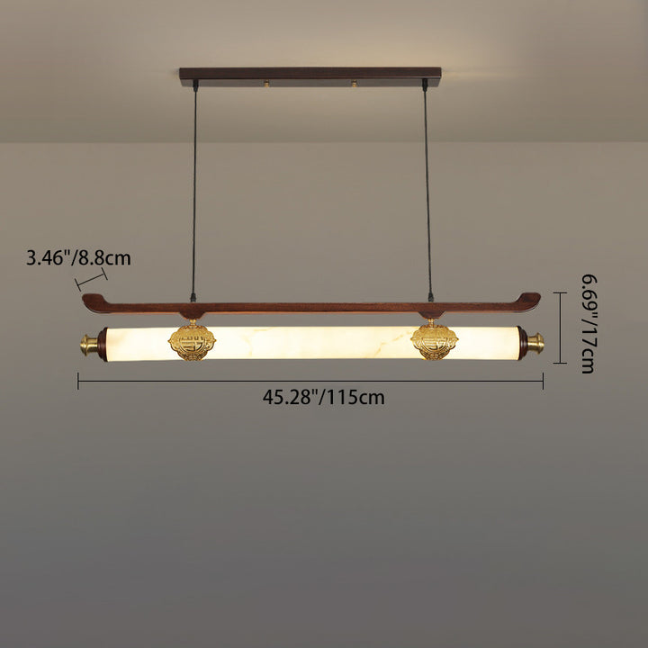 Traditional Chinese Brass Wujin Wood &amp; Imitation Marble Bar-Shaped LED Chandelier Island Light For Dining Room