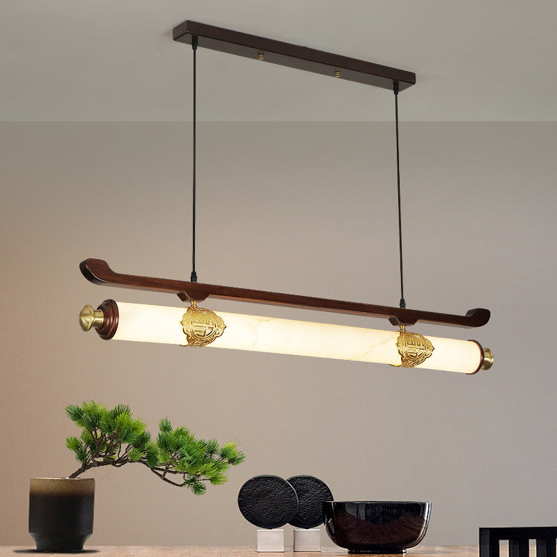 伝統的な中国の真鍮、ウジン木材、模造大理石のバー型LEDシャンデリア、ダイニングルーム用アイランドライト 