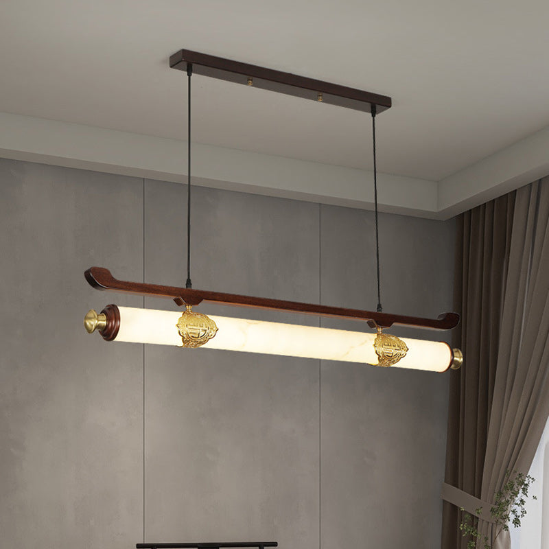 Traditional Chinese Brass Wujin Wood &amp; Imitation Marble Bar-Shaped LED Chandelier Island Light For Dining Room