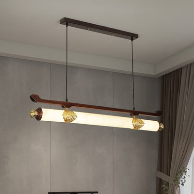 伝統的な中国の真鍮、ウジン木材、模造大理石のバー型LEDシャンデリア、ダイニングルーム用アイランドライト 