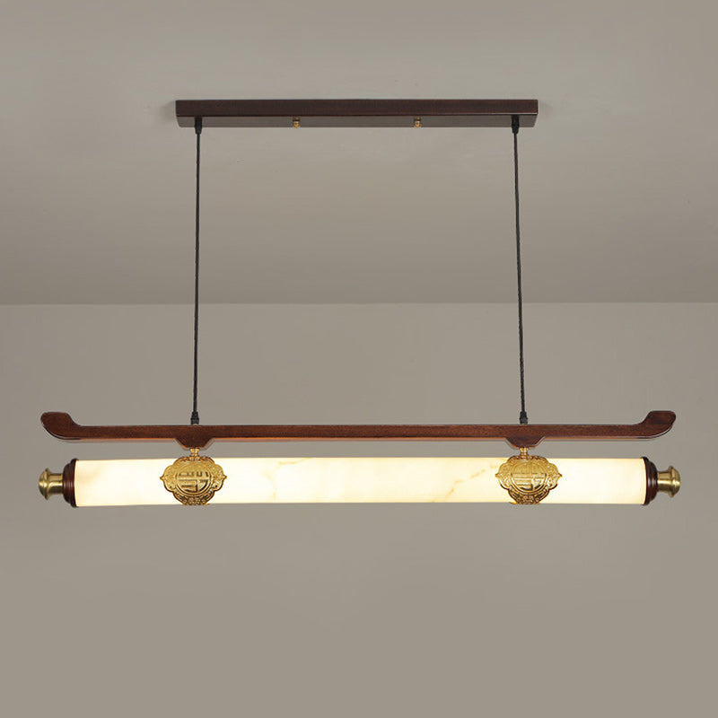 Traditional Chinese Brass Wujin Wood &amp; Imitation Marble Bar-Shaped LED Chandelier Island Light For Dining Room