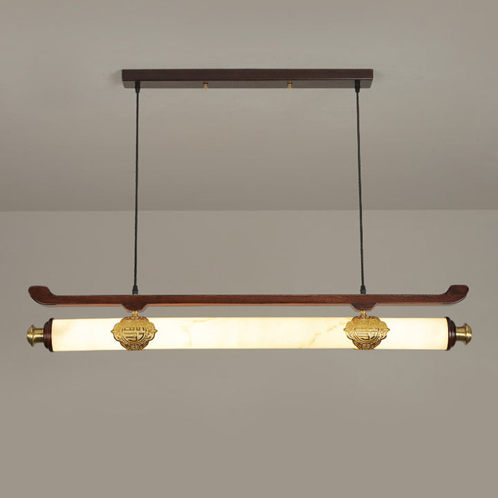 Traditional Chinese Brass Wujin Wood &amp; Imitation Marble Bar-Shaped LED Chandelier Island Light For Dining Room