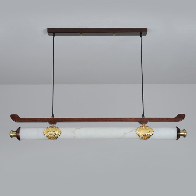Traditional Chinese Brass Wujin Wood &amp; Imitation Marble Bar-Shaped LED Chandelier Island Light For Dining Room