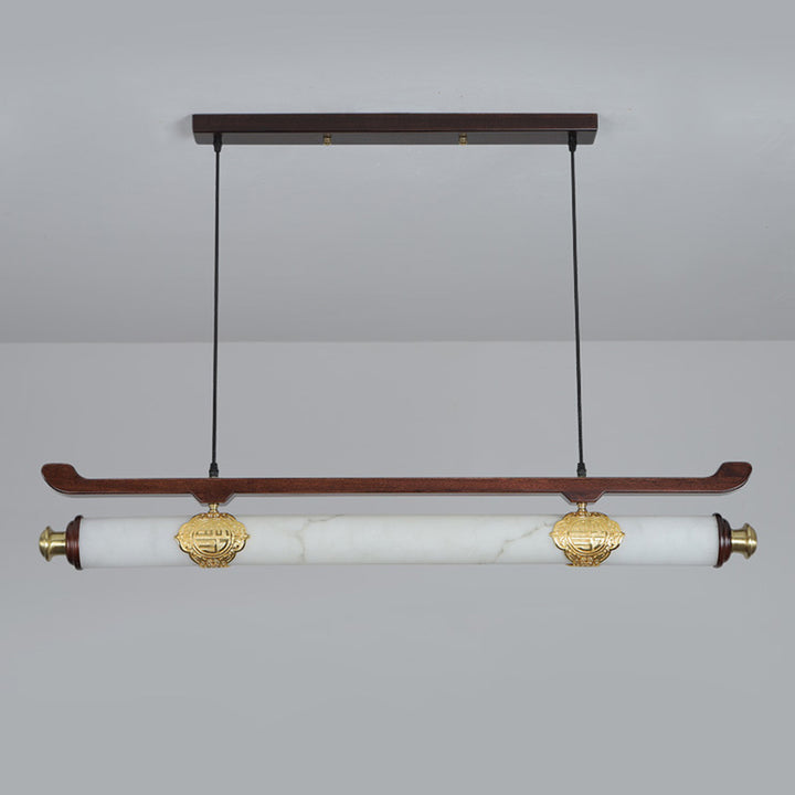 Traditional Chinese Brass Wujin Wood &amp; Imitation Marble Bar-Shaped LED Chandelier Island Light For Dining Room