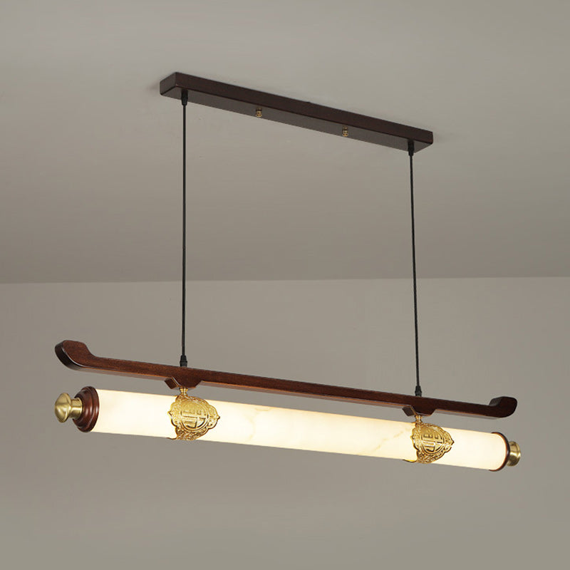 Traditional Chinese Brass Wujin Wood &amp; Imitation Marble Bar-Shaped LED Chandelier Island Light For Dining Room