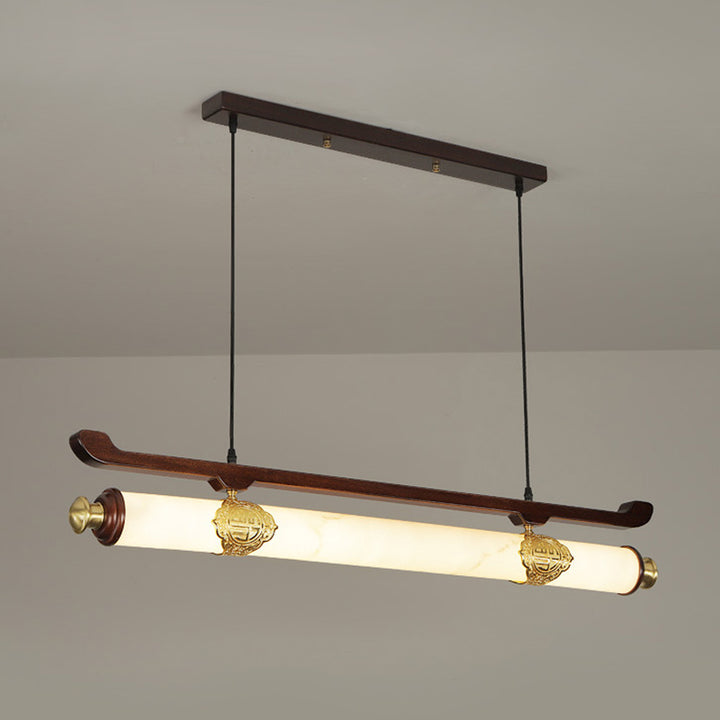 Traditional Chinese Brass Wujin Wood & Imitation Marble Bar-Shaped LED Chandelier Island Light For Dining Room