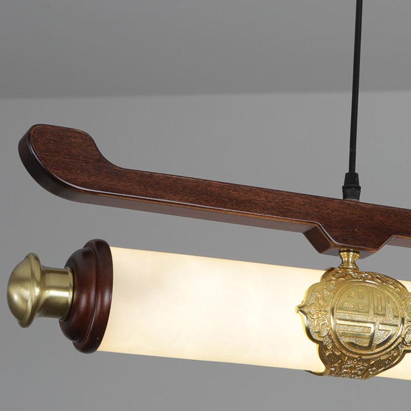 Traditional Chinese Brass Wujin Wood &amp; Imitation Marble Bar-Shaped LED Chandelier Island Light For Dining Room